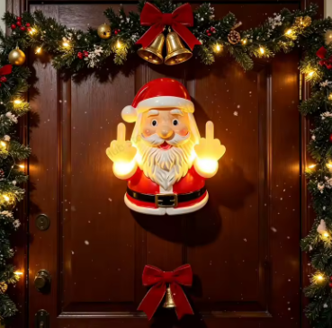 Adorno Navideño de Resina con Papá Noel (Dedo Medio) – Colgante Pared/Porche Luminoso