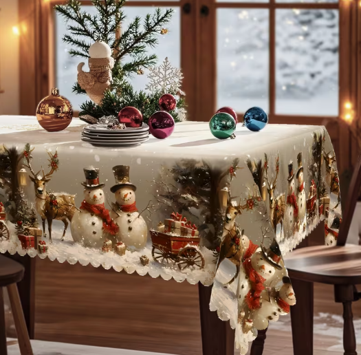 Mantel Navideño Retro (Muñeco de Nieve, Reno y Árbol) – Poliéster Multiforma