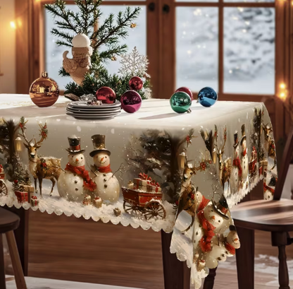 Mantel Navideño Retro (Muñeco de Nieve, Reno y Árbol) – Poliéster Multiforma
