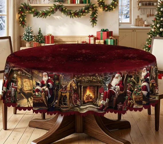 Mantel Navideño Rojo y Burdeos con Bordes Ondulados – Papá Noel, Reno y Copos