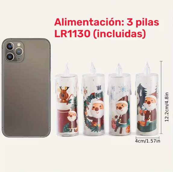 Set de 4 Velas LED Navideñas de Papá Noel – Sin Llama y Seguras
