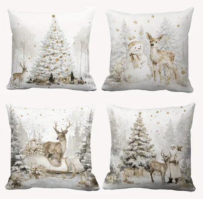 Set de 4 Fundas de Cojín Navideñas Vintage (Blanco y Dorado) – Sin Relleno