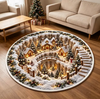 Alfombra Redonda Navideña de Terciopelo (Pueblo Nevado) – Lavable