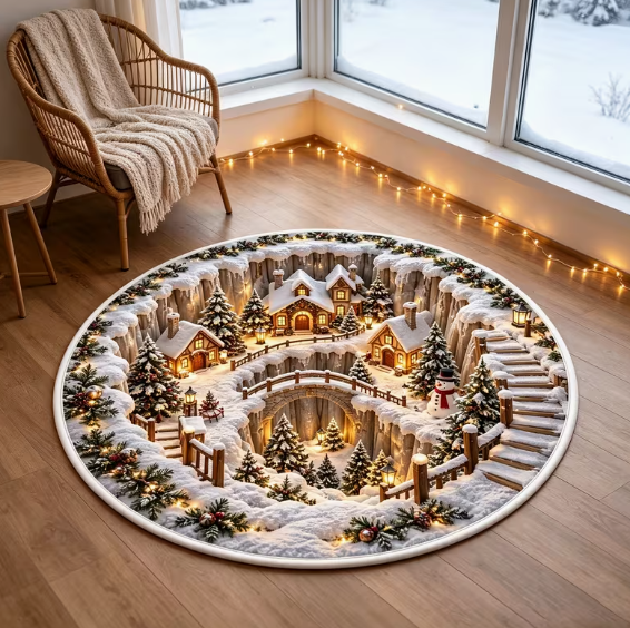 Alfombra Redonda Navideña de Terciopelo (Pueblo Nevado) – Lavable