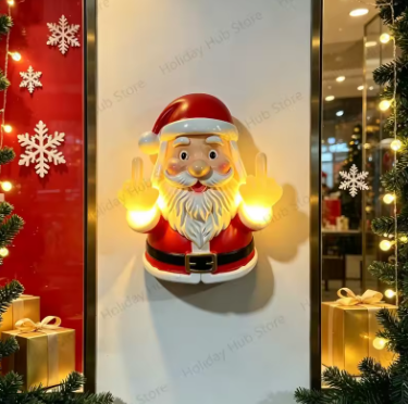 Adorno Navideño de Resina con Papá Noel (Dedo Medio) – Colgante Pared/Porche Luminoso