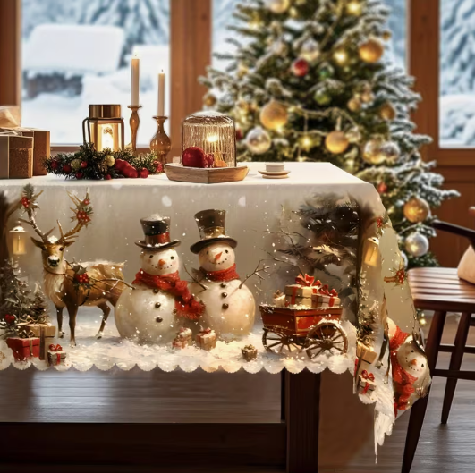 Mantel Navideño Retro (Muñeco de Nieve, Reno y Árbol) – Poliéster Multiforma