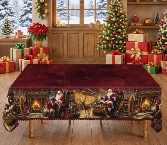 Mantel Navideño Rojo y Burdeos con Bordes Ondulados – Papá Noel, Reno y Copos