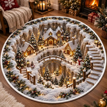 Alfombra Redonda Navideña de Terciopelo (Pueblo Nevado) – Lavable